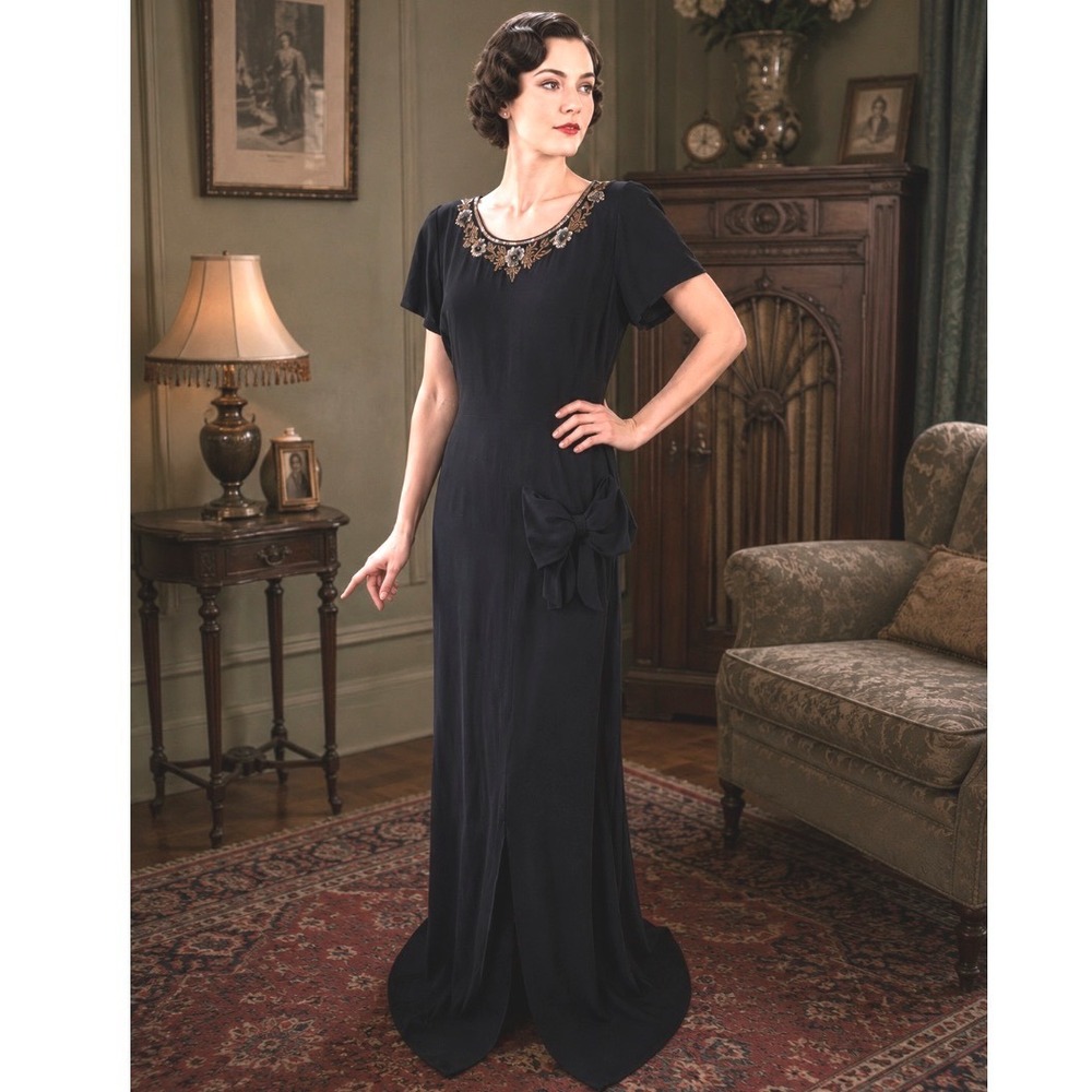 Vtg 30's dress Floral Neckline Maxi Gown with Hip Bow Detail Black Sz S art deco